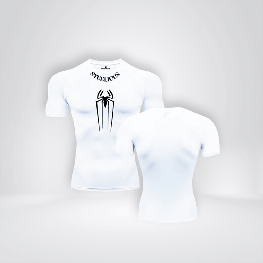 The "BLACK SPIDER WEB" Short Sleeve White Compression Shirt