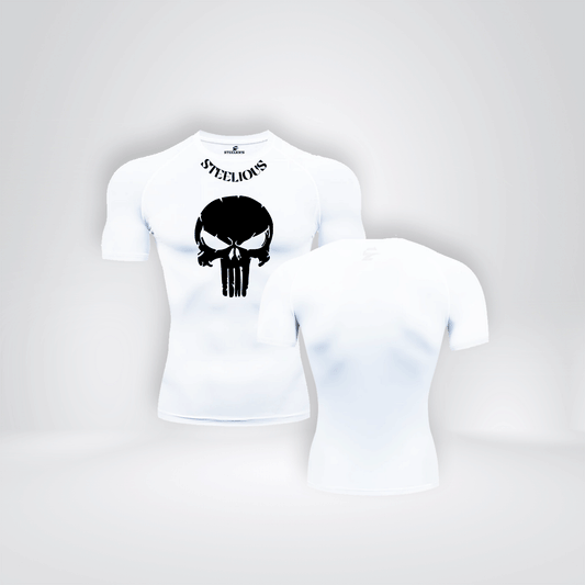 The "BLACK PUNISHER" Short Sleeve White Compression Shirt