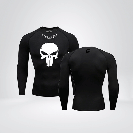 The "WHITE PUNISHER" Long Sleeve Black Compression Shirt