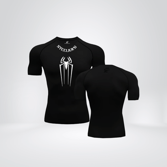 The "WHITE SPIDER WEB" Short Sleeve Black Compression Shirt