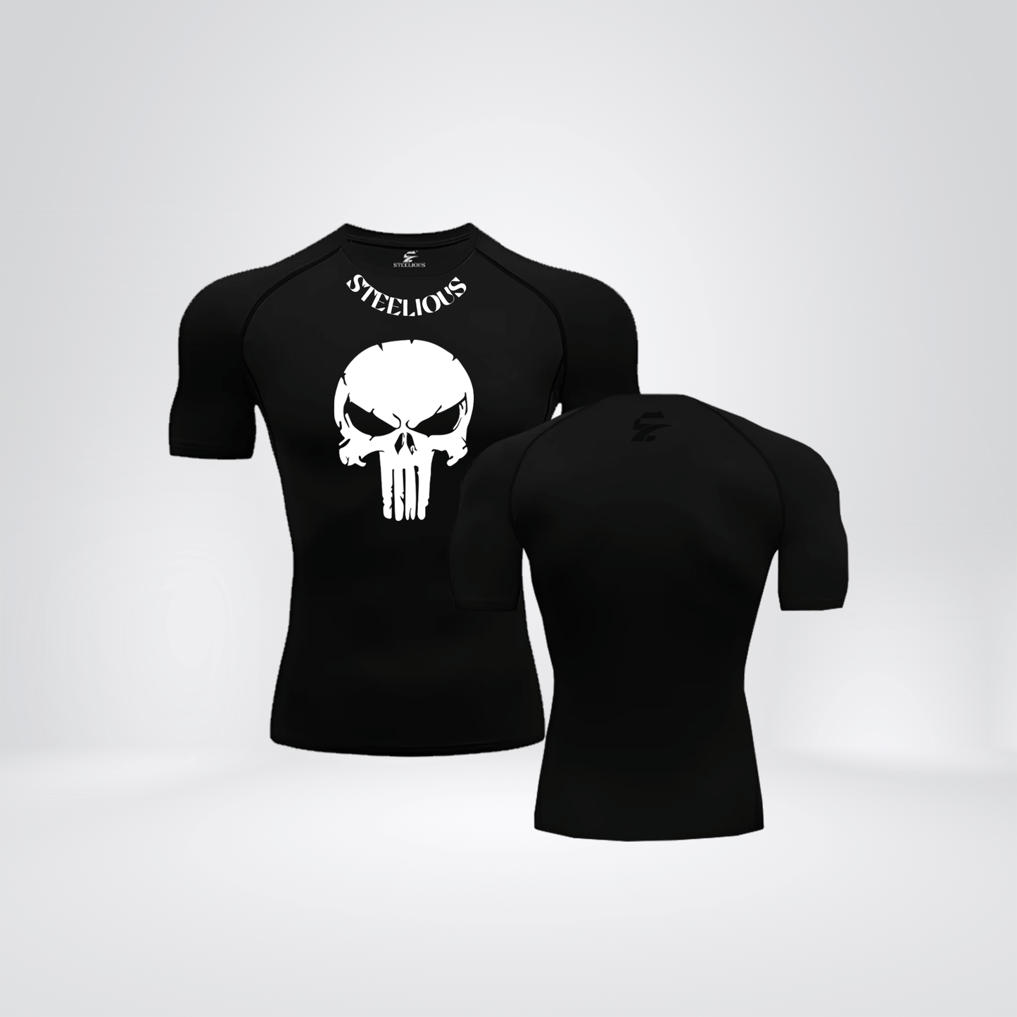 The "WHITE PUNISHER" Short Sleeve Black Compression Shirt